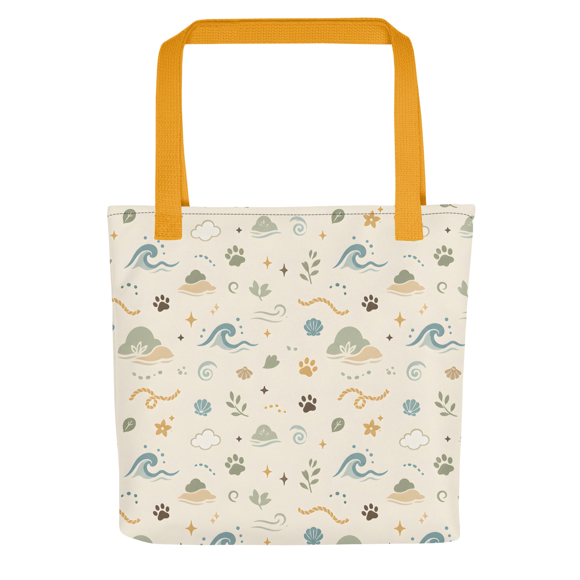 Flat front view of the Sea Breeze Paw Trail tote bag with ocean-inspired pet pattern.
