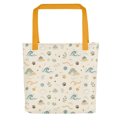 Flat front view of the Sea Breeze Paw Trail tote bag with ocean-inspired pet pattern.