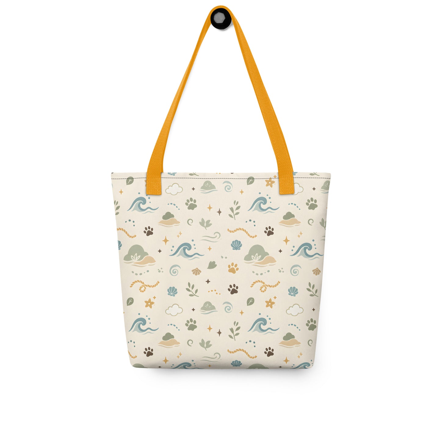 Front view of the Sea Breeze Paw Trail all-over print tote bag.