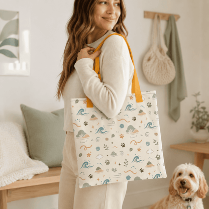 Woman carrying the Sea Breeze Paw Trail all-over print tote bag in a cozy home setting with a dog.