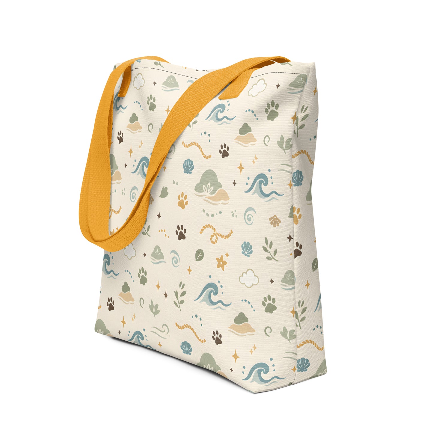 All-over print tote bag with Sea Breeze Paw Trail pet pattern and mustard handles.
