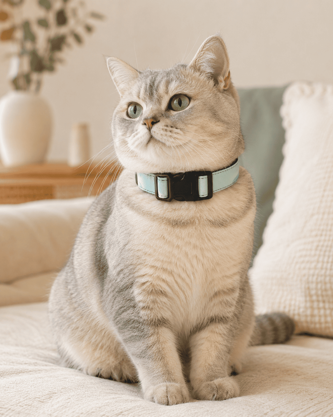 Cat wearing the Seafoam Drift Adjustable Pet Collar in a cozy neutral indoor setting.