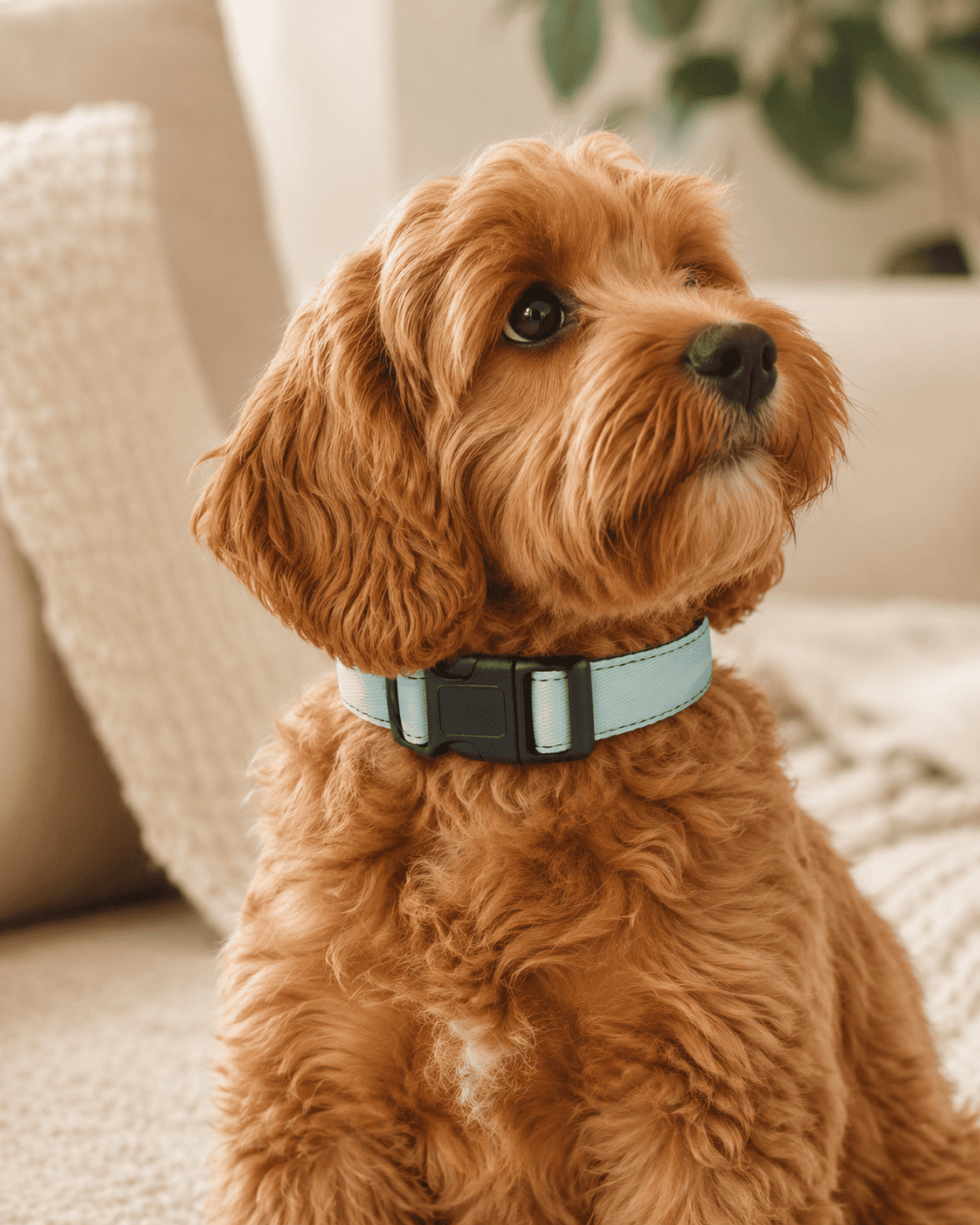 Small dog wearing the Seafoam Drift Adjustable Pet Collar in a cozy neutral indoor setting.