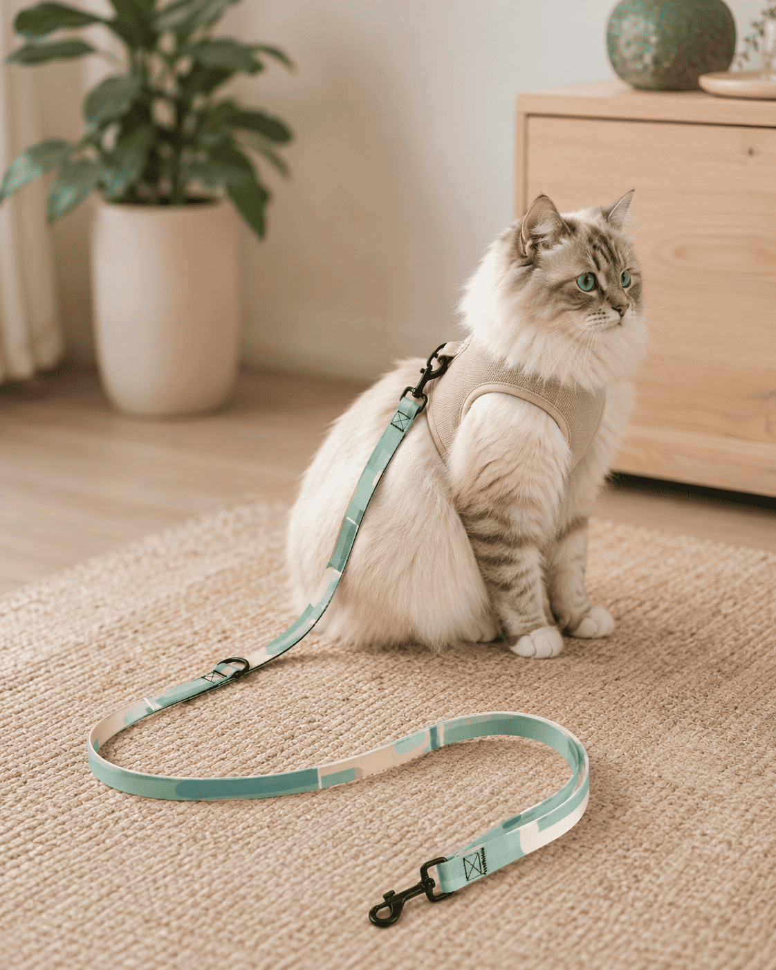 Cat with a harness and the Seafoam Trail 6 ft Pet Leash in a cozy neutral lifestyle setting.
