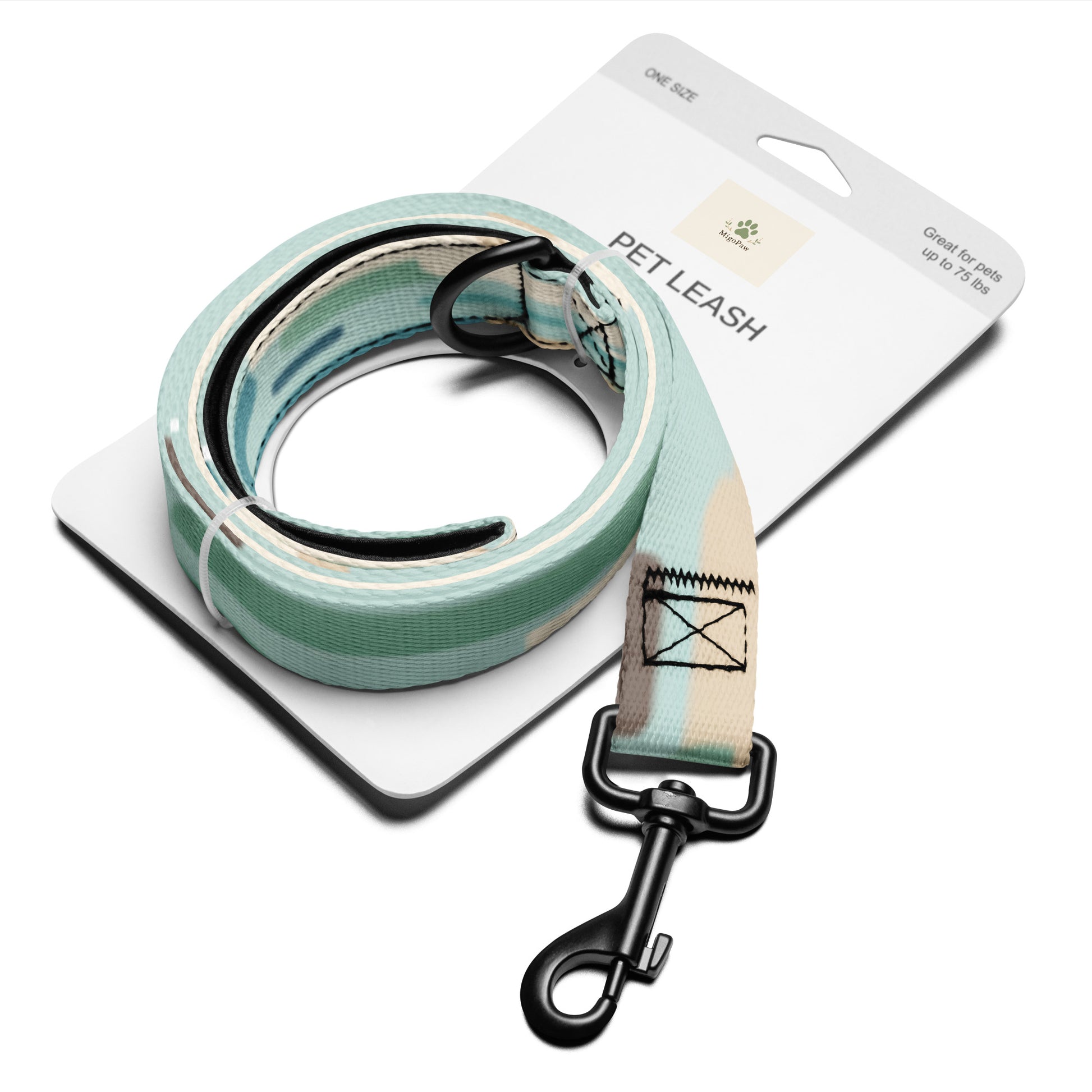 Seafoam Trail 6 ft Pet Leash shown in product packaging mockup.