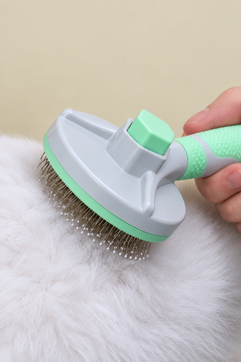 Back view of green self-cleaning pet slicker brush resting against pet fur