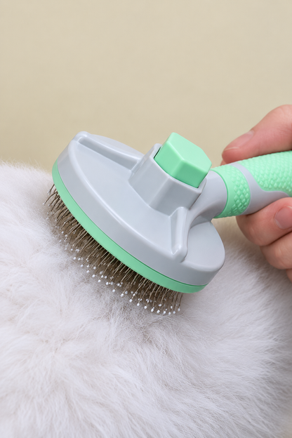 Back view of green self-cleaning pet slicker brush resting against pet fur