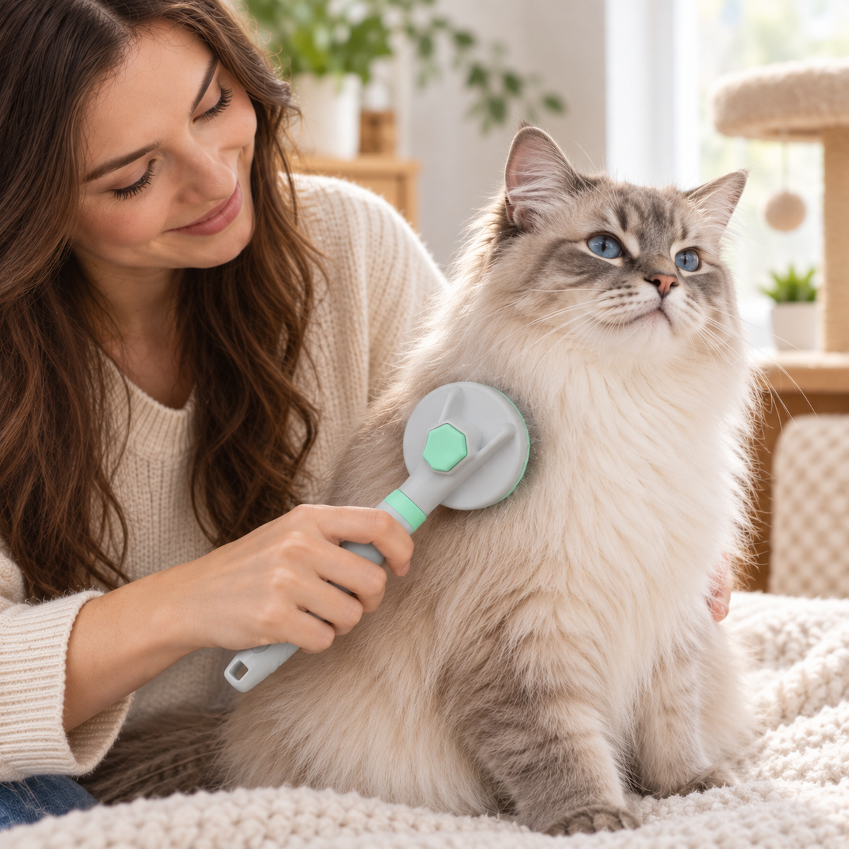 Woman grooming a fluffy cat with a green self-cleaning pet slicker brush