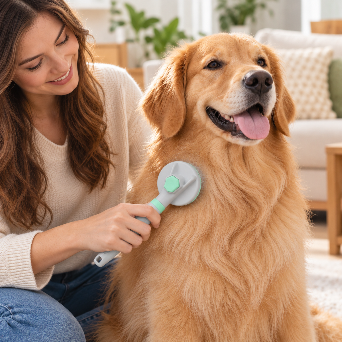 Woman grooming a golden dog with a green self-cleaning pet slicker brush
