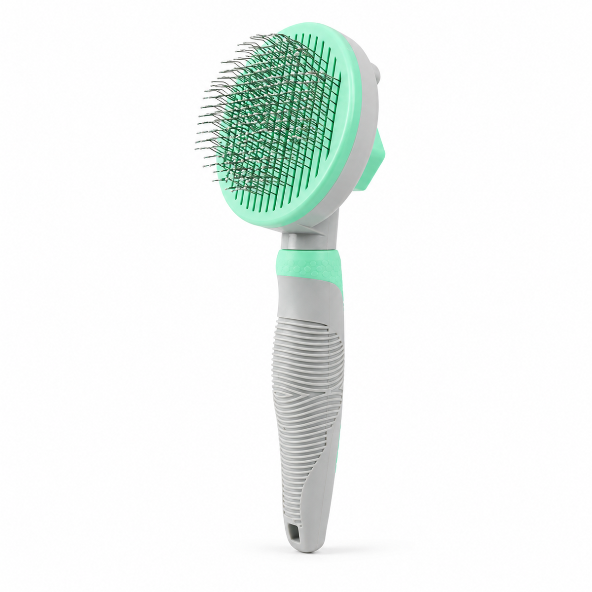 Green self-cleaning pet slicker brush with metal pins on a white background
