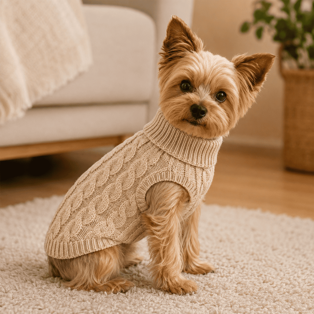 Small dog wearing a beige sleeveless cable knit pet sweater in a cozy living room