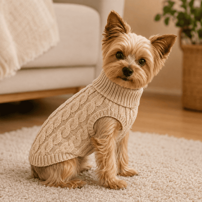 Small dog wearing a beige sleeveless cable knit pet sweater in a cozy living room