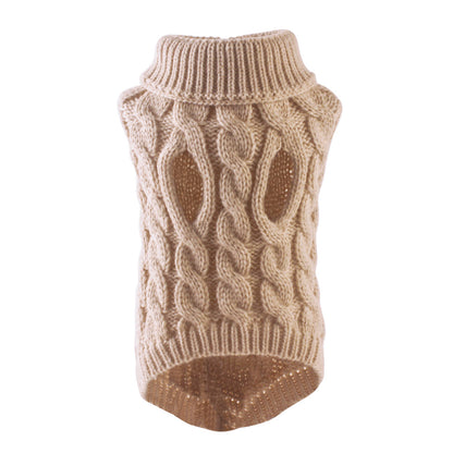 Beige sleeveless cable knit pet sweater on a white background
