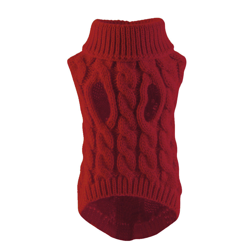 Burgundy sleeveless cable knit pet sweater on a white background