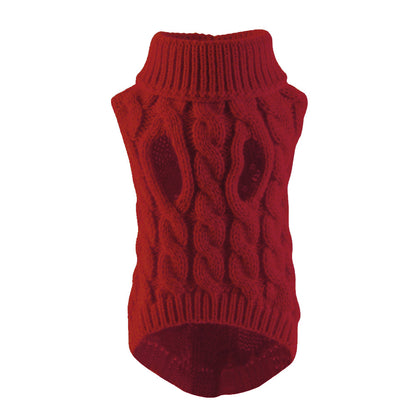 Burgundy sleeveless cable knit pet sweater on a white background
