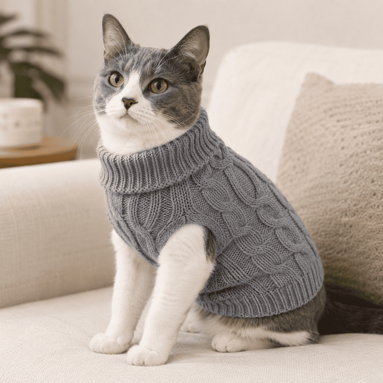 Cat wearing a gray sleeveless cable knit pet sweater while sitting on a cozy sofa