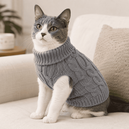 Cat wearing a gray sleeveless cable knit pet sweater while sitting on a cozy sofa