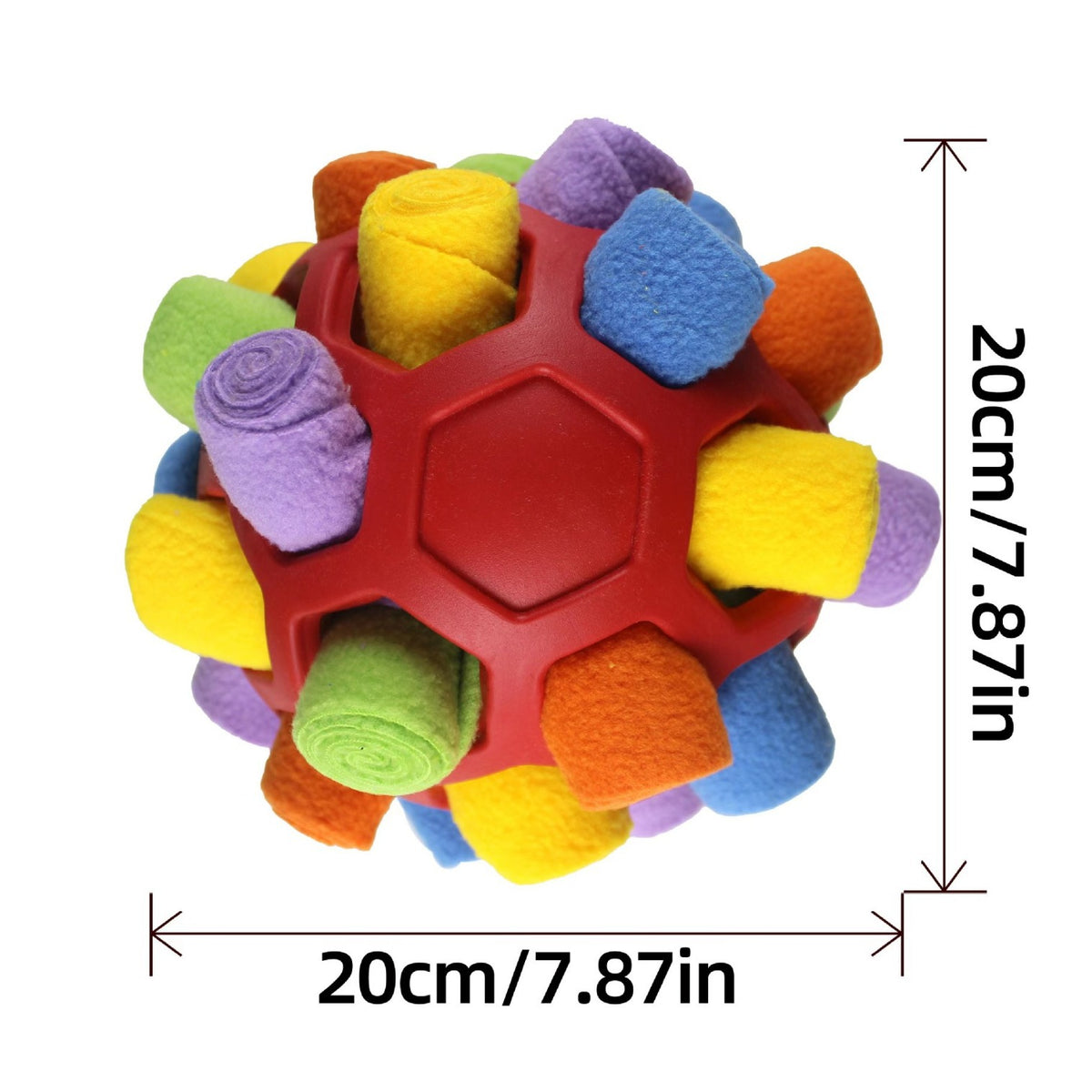 Interactive dog snuffle ball measuring approximately 20 cm wide