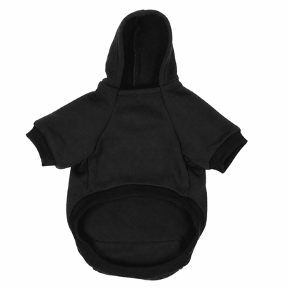 Black soft fleece pet hoodie product image on a white background