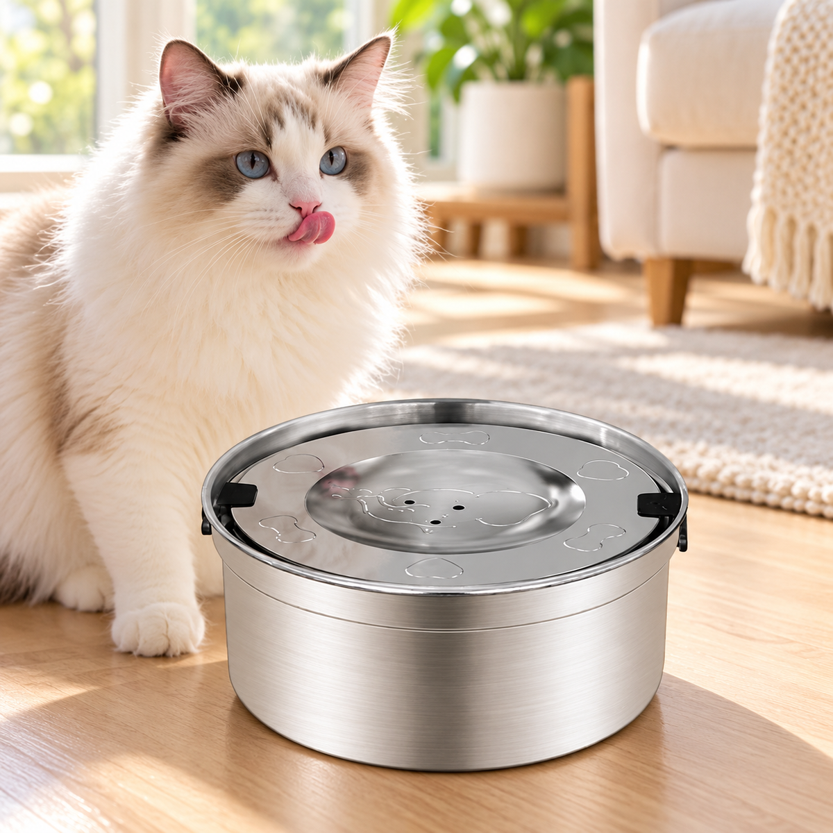 Cat beside a stainless steel floating pet water bowl in a bright home