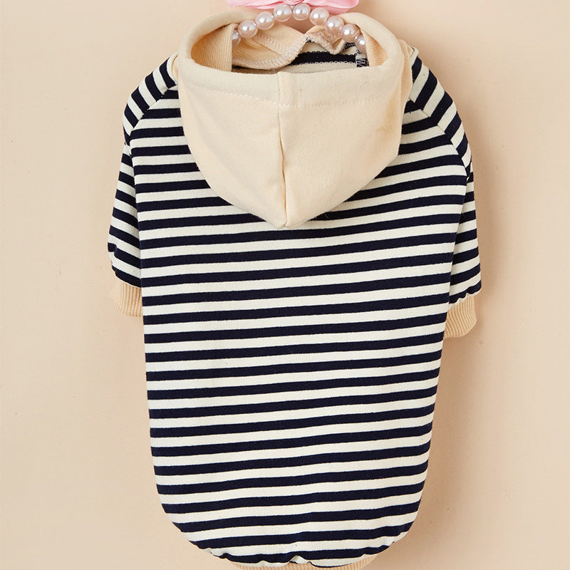 Back flat lay view of the Striped Knit Pet Hoodie with soft cream hood.