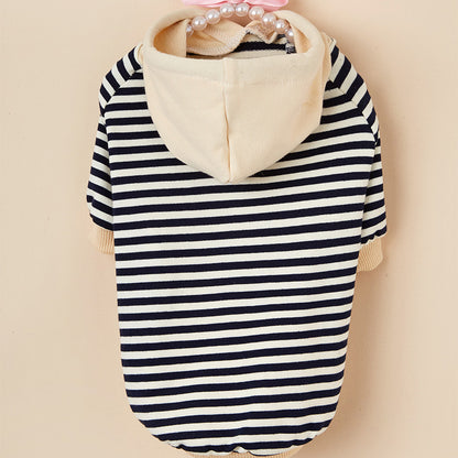 Back flat lay view of the Striped Knit Pet Hoodie with soft cream hood.