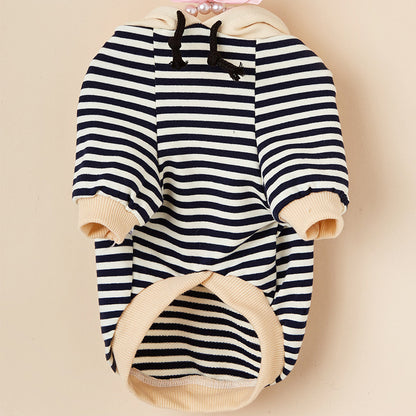 Front flat lay view of the Striped Knit Pet Hoodie with striped body and soft hood.