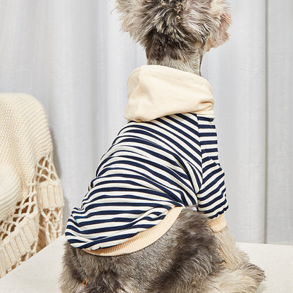 Side view of a small dog wearing the Striped Knit Pet Hoodie indoors.