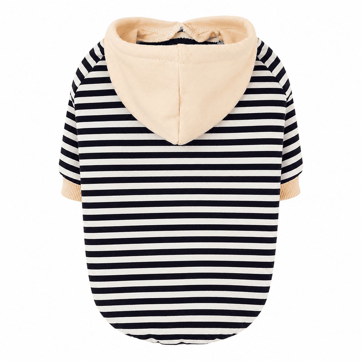 Striped Knit Pet Hoodie on a clean white background showing the black striped body and soft cream hood.