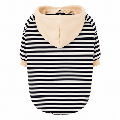 Striped Knit Pet Hoodie on a clean white background showing the black striped body and soft cream hood.