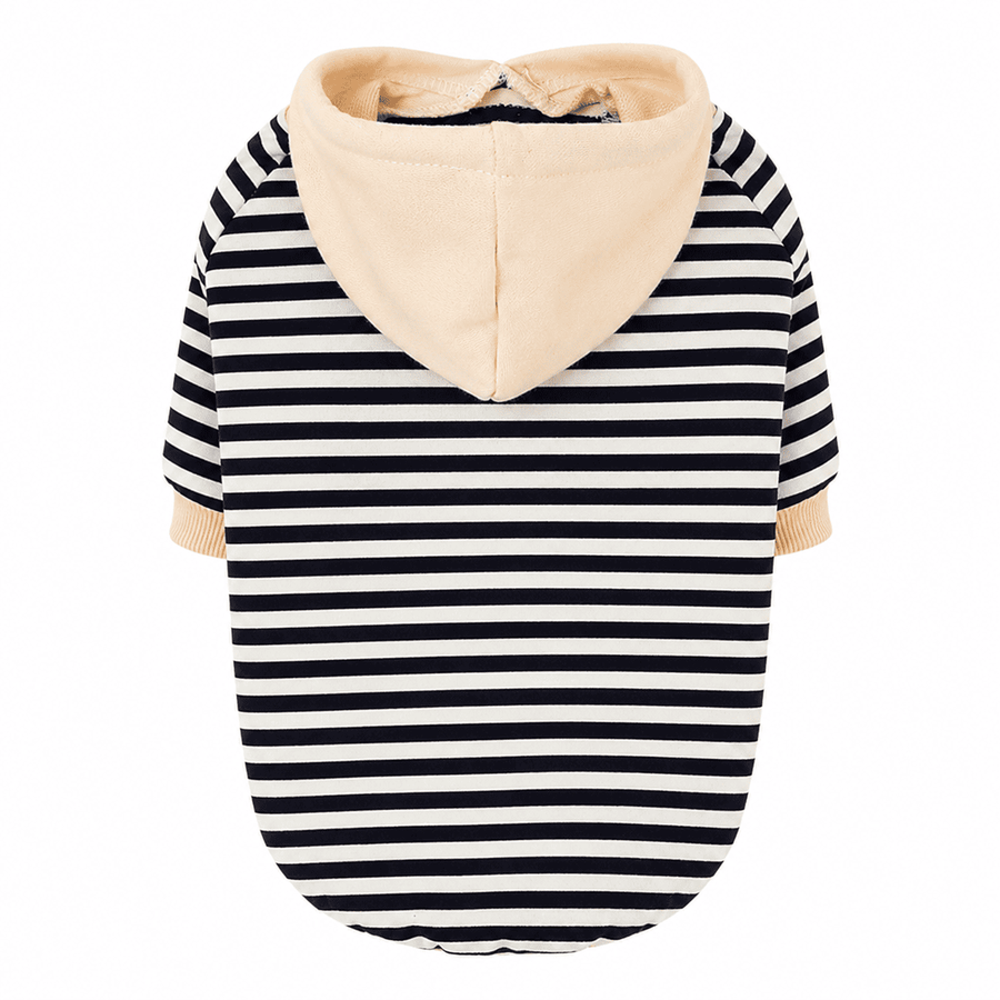 Striped Knit Pet Hoodie on a clean white background showing the black striped body and soft cream hood.