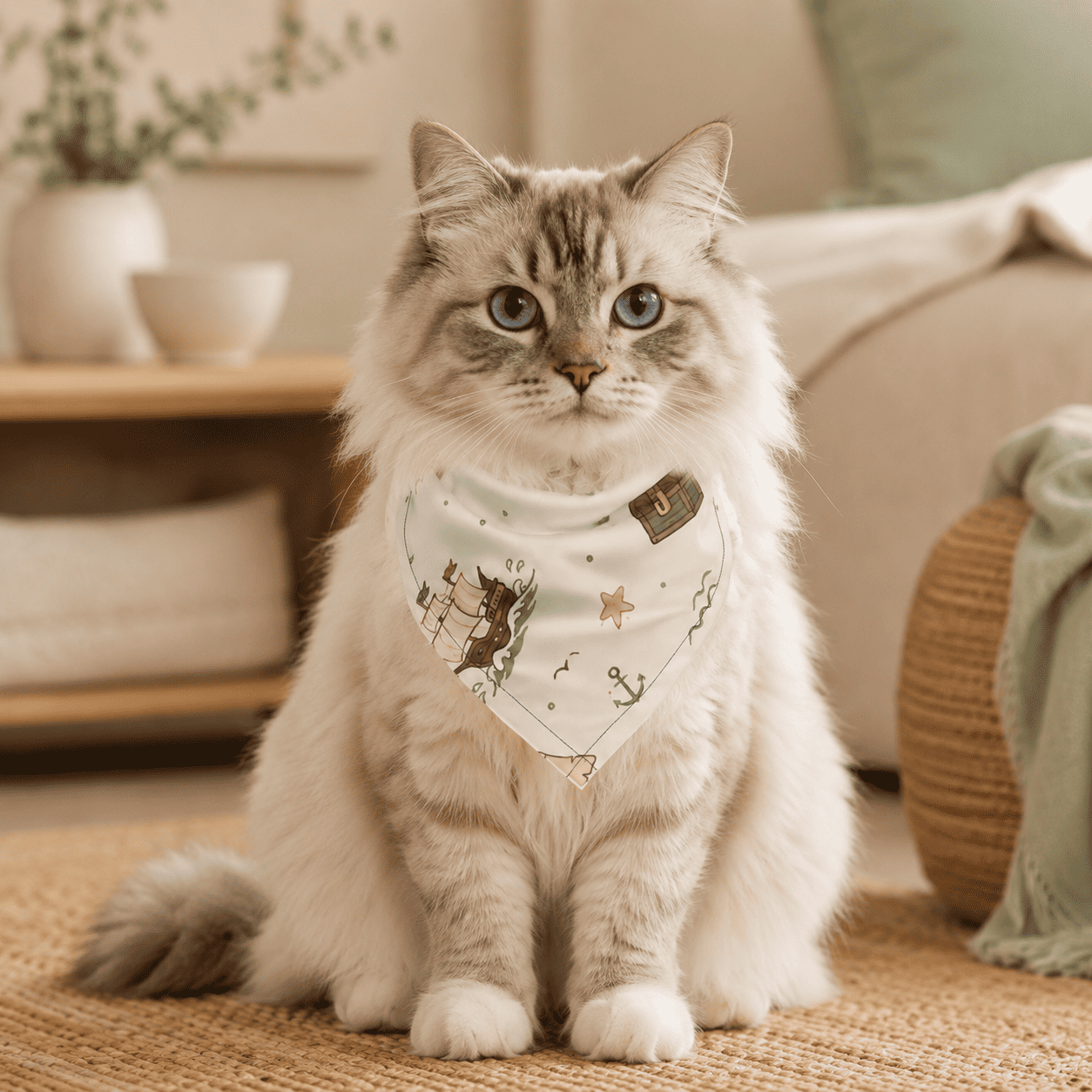 Fluffy cat wearing the Treasure Voyage Pet Bandana in a cozy neutral living room.