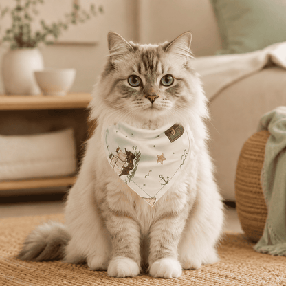 Fluffy cat wearing the Treasure Voyage Pet Bandana in a cozy neutral living room.