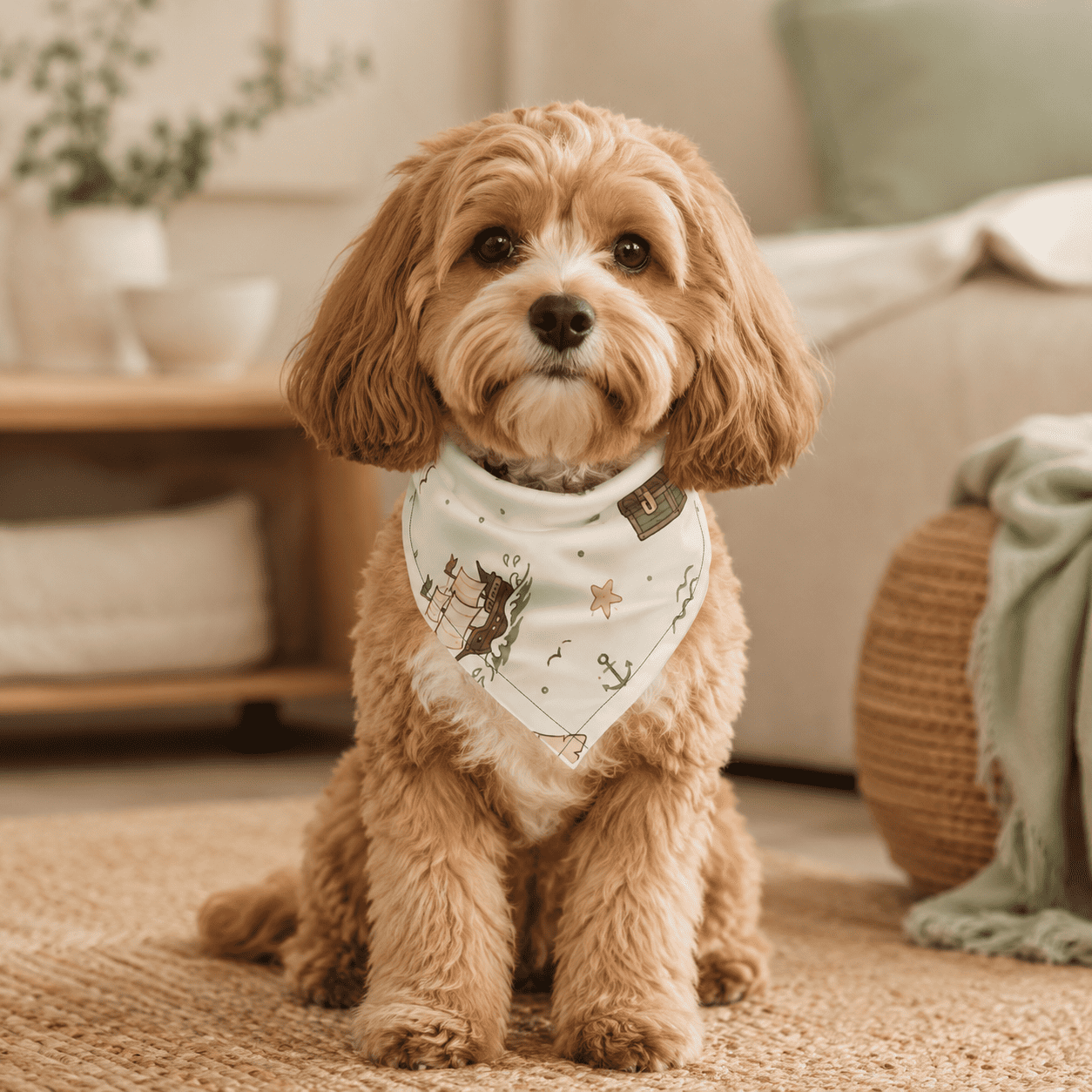 Small fluffy dog wearing the Treasure Voyage Pet Bandana in a cozy neutral living room.