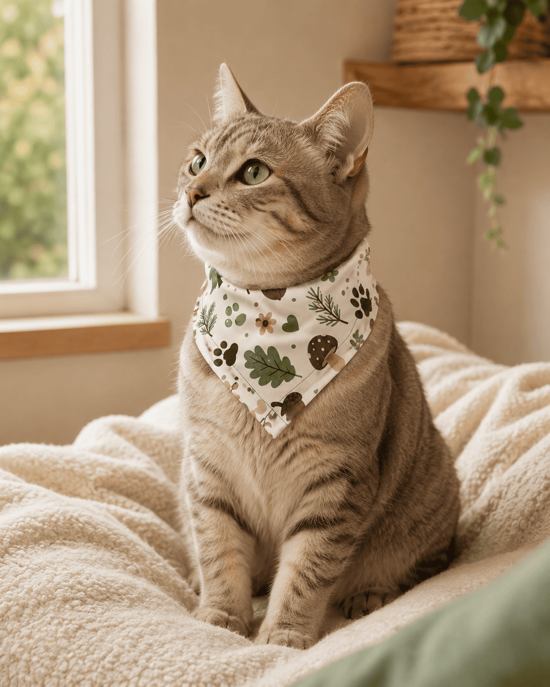 Cat wearing the Woodland Trail Dog & Cat Pet Bandana on a soft blanket near a cozy window
