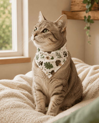 Cat wearing the Woodland Trail Dog & Cat Pet Bandana on a soft blanket near a cozy window