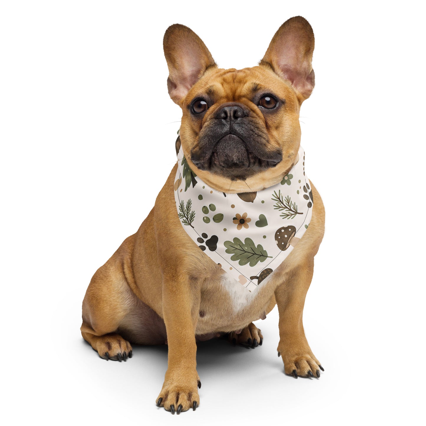 Small dog wearing a woodland-inspired MigoPaw pet bandana