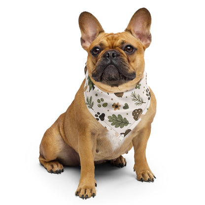 Small dog wearing a woodland-inspired MigoPaw pet bandana