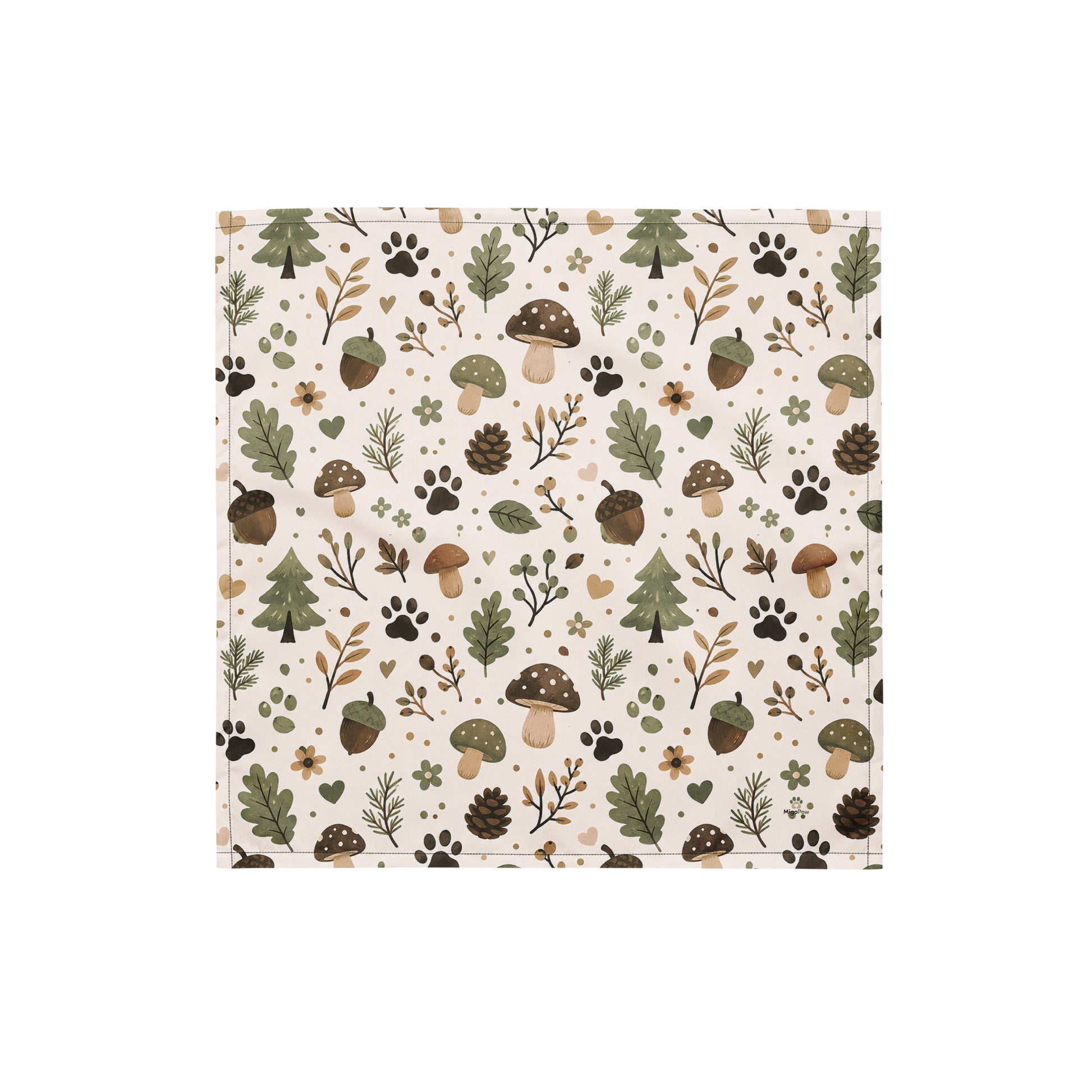 Woodland Trail Dog & Cat Pet Bandana with leaves, mushrooms, acorns, and paw prints