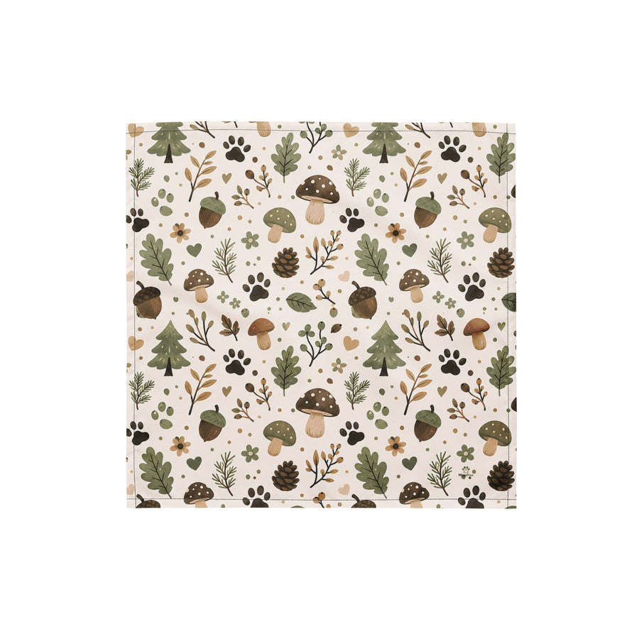 Woodland Trail Dog & Cat Pet Bandana with leaves, mushrooms, acorns, and paw prints