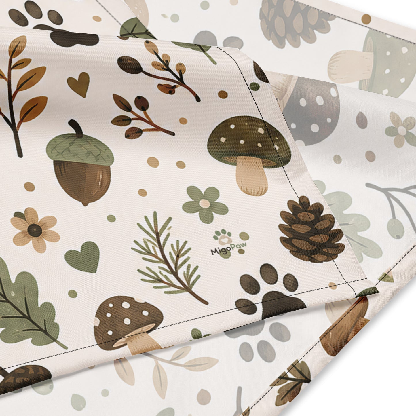 Folded Woodland Trail pet bandana showing the cozy forest pattern