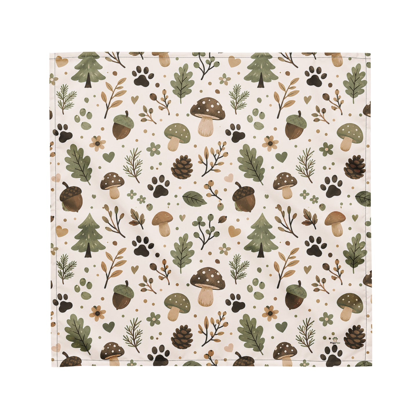 Close-up of the Woodland Trail pet bandana pattern with forest-inspired details