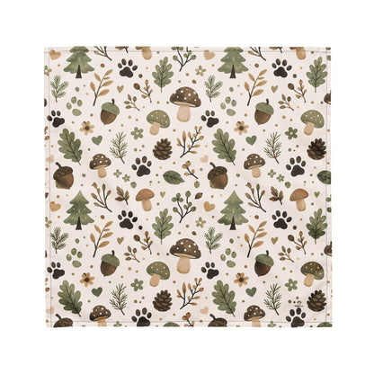 Close-up of the Woodland Trail pet bandana pattern with forest-inspired details