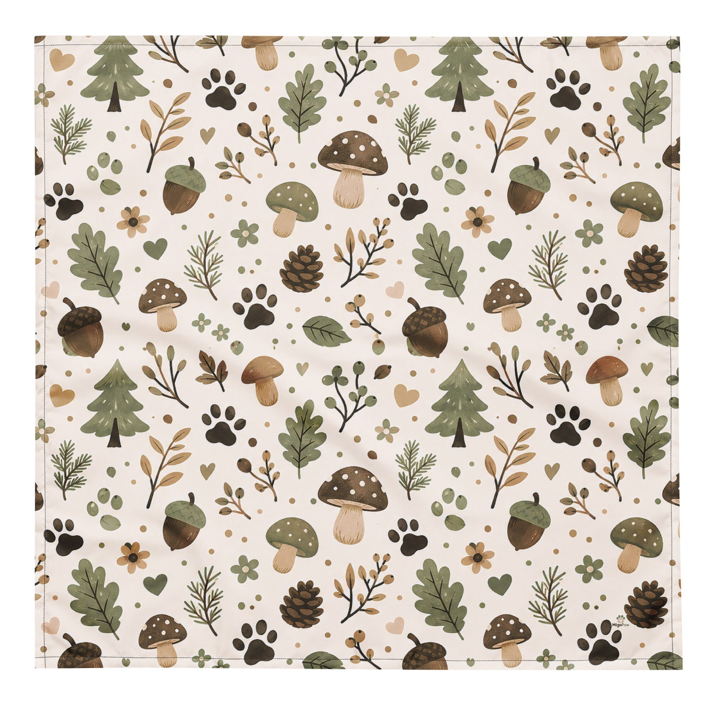 Square mockup of the Woodland Trail pet bandana in sage, beige, cream, and brown
