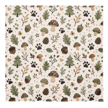 Square mockup of the Woodland Trail pet bandana in sage, beige, cream, and brown